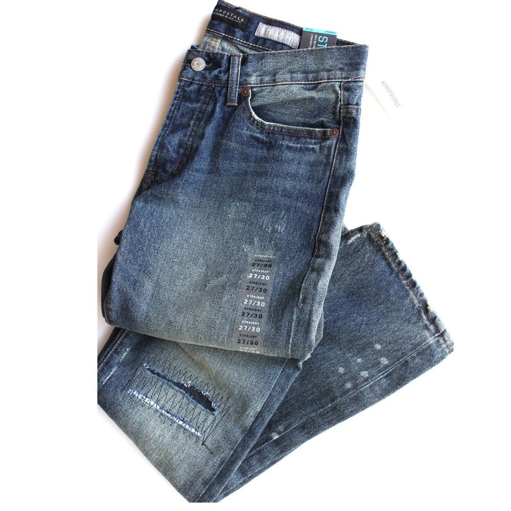 Aeropostale Jeans Sz 4 NWT Straight Distressed Patched Boho Whiskers Distroyed
